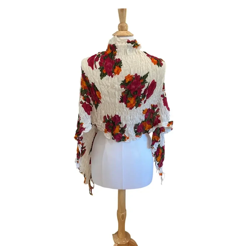 Mark Burgundy Red Floral Scarf / Wrap, Ruched, Fringe, Boho, 20 x 53